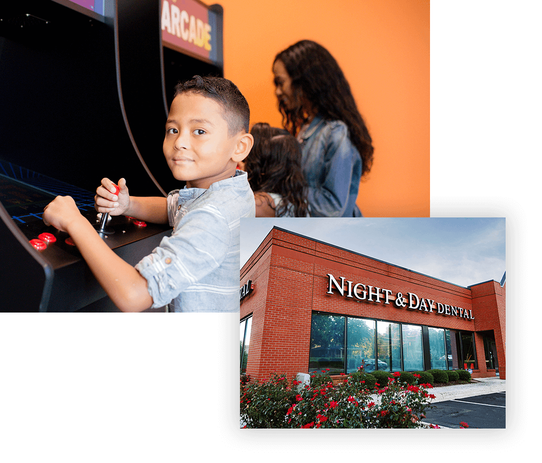 Split images with a boy playing video games and the other an image of the office